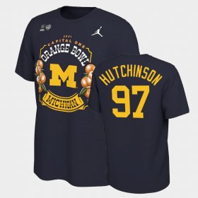 #97 Aidan Hutchinson 2021 Orange Bowl University of Michigan Locker Room Men's Navy T-Shirt 588554-970 #97 Aidan Hutchinson 2021 Orange Bowl University of Michigan Locker Room Men's Navy T-Shirt 588554-970