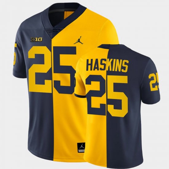 #25 Hassan Haskins Split Edition Michigan College Football Mens Navy Maize Jersey 235365-546