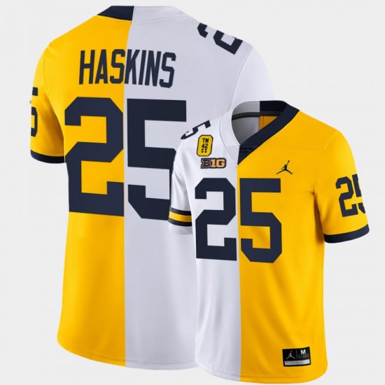 #25 Hassan Haskins College Football Wolverines TM 42 Patch Split Limited Edition Mens White Maize Jersey 463075-226