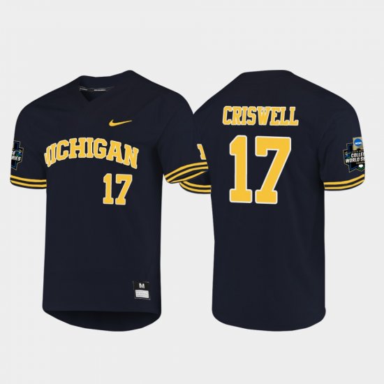 #17 Jeff Criswell 2019 NCAA Baseball College World Series Michigan Men\'s Navy Jersey 414622-732