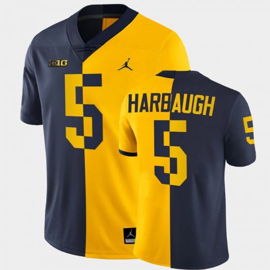 #5 Jim Harbaugh Split Edition Michigan Wolverines National award winner Mens Navy Maize Jersey 489311-479