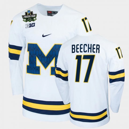 #17 Johnny Beecher College Hockey Michigan 2022 Frozen Four NCAA Hockey Men\'s White Jersey 878079-801