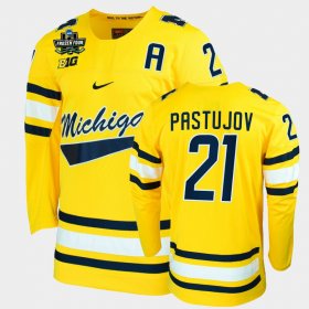 #21 Michael Pastujov College Hockey Michigan 2022 Frozen Four NCAA Hockey Mens Maize Jersey 159755-179